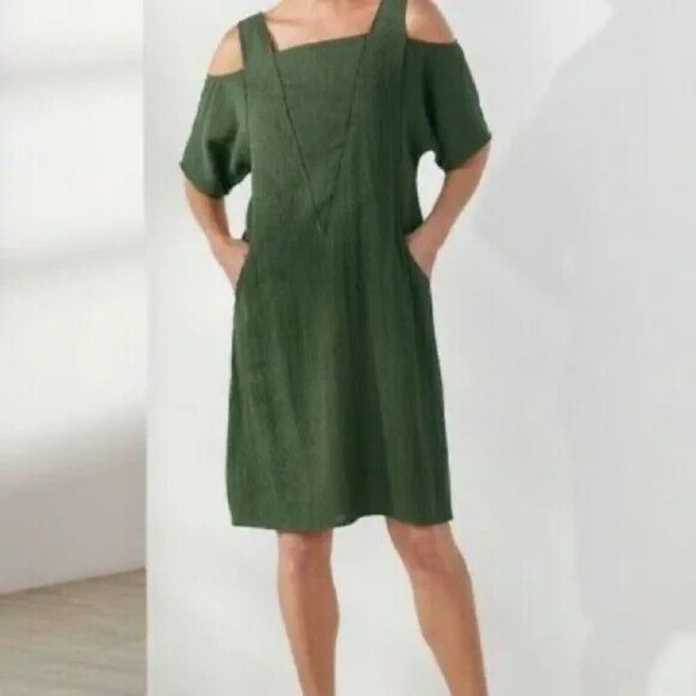 Soft Surroundings Women  Emelia Linen Blend Green Cold Shoulder  Dress Size L